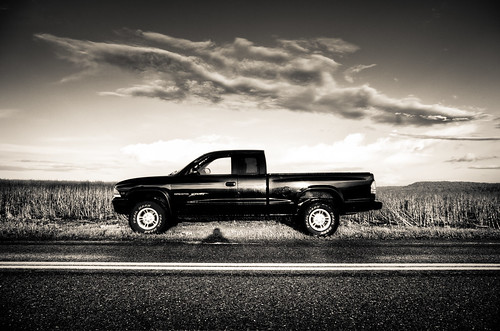 road sunset blackandwhite field clouds rural truck farm pickuptruck rapture dodgedakota endoftheworld