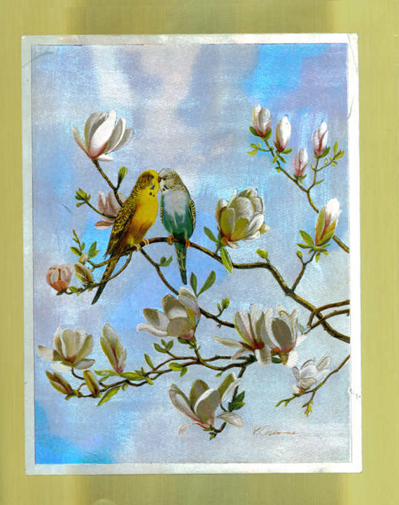 Painting of two parrots on a tree with white flowers