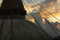 Looking across to Boudha Stupa at dusk, Kathmandu, Nepal