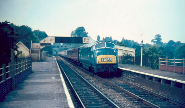 28 August 1967 - D831 Monarch on the 14.15 Bristol TM - Paddington passing through the now demolished station at Saltford.