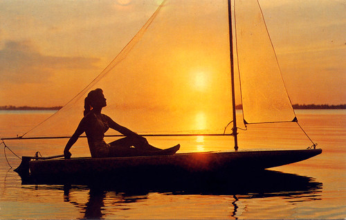 sunset sailboat vintage florida postcard 1950s 1960s cypressgardens youngwoman ididnttakethis