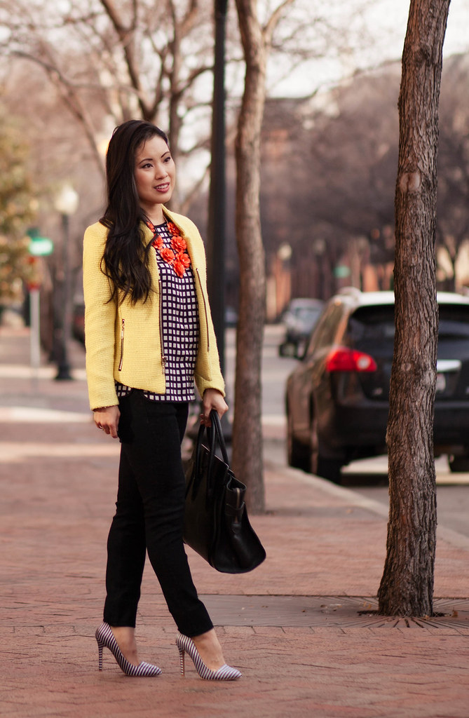 cute & little blog | stripes & checks | yellow sheinside blazer, checked grid top, striped pumps, orange flower necklace outfit