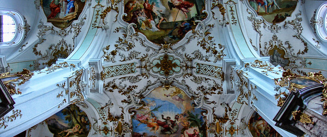 a view to a baroque church ceiling