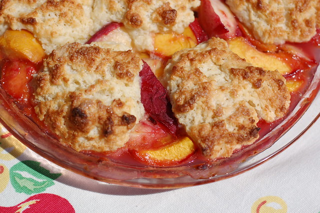 Fresh peach cobbler with biscuit topping