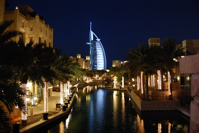 Souk Madinat and Burj Al Arab at night