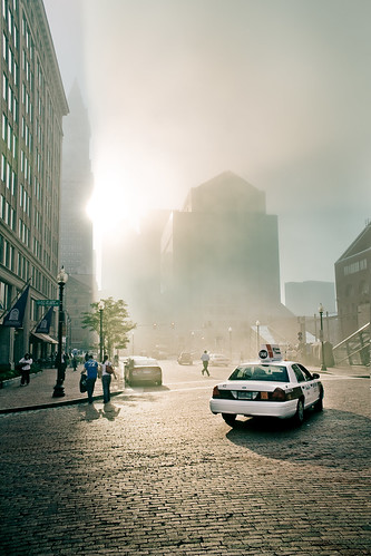 street city trip urban sun car boston fog buildings glow unitedstates taxi pedestrians blueribbonwinner