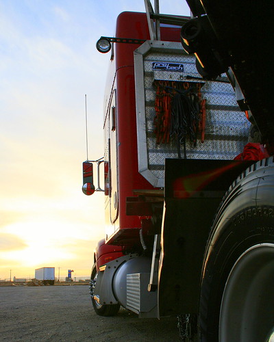 red tractor yellow truck sunrise spring semi idaho trailer peterbilt flatbed 386