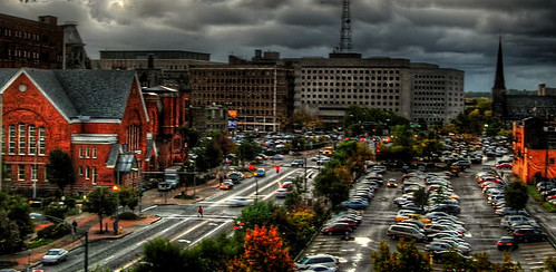 street city morning storm cars rain clouds downtown cloudy surreal rochester explore 100views graysky hdr stormyweather rochesternewyork hochstein d40 plymouthave myfirsthdr downtownrochester hochsteinschoolofmusic