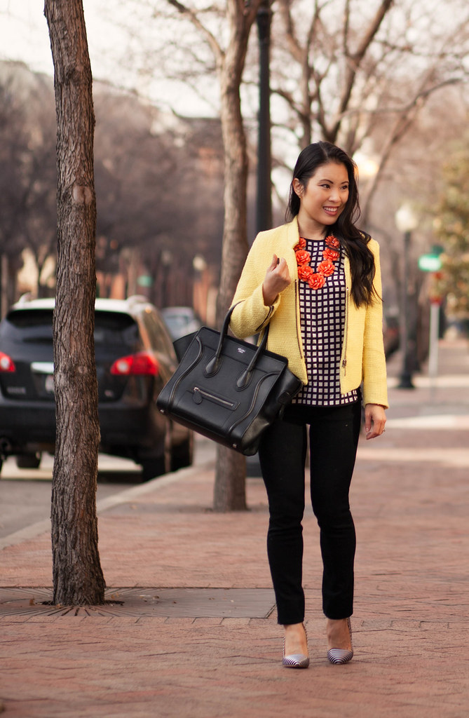cute & little blog | stripes & checks | yellow sheinside blazer, checked grid top, striped pumps, orange flower necklace outfit