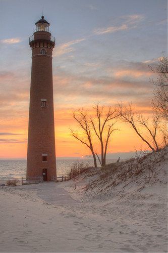 sunset lighthouse beach water mi lakemichigan canon50d