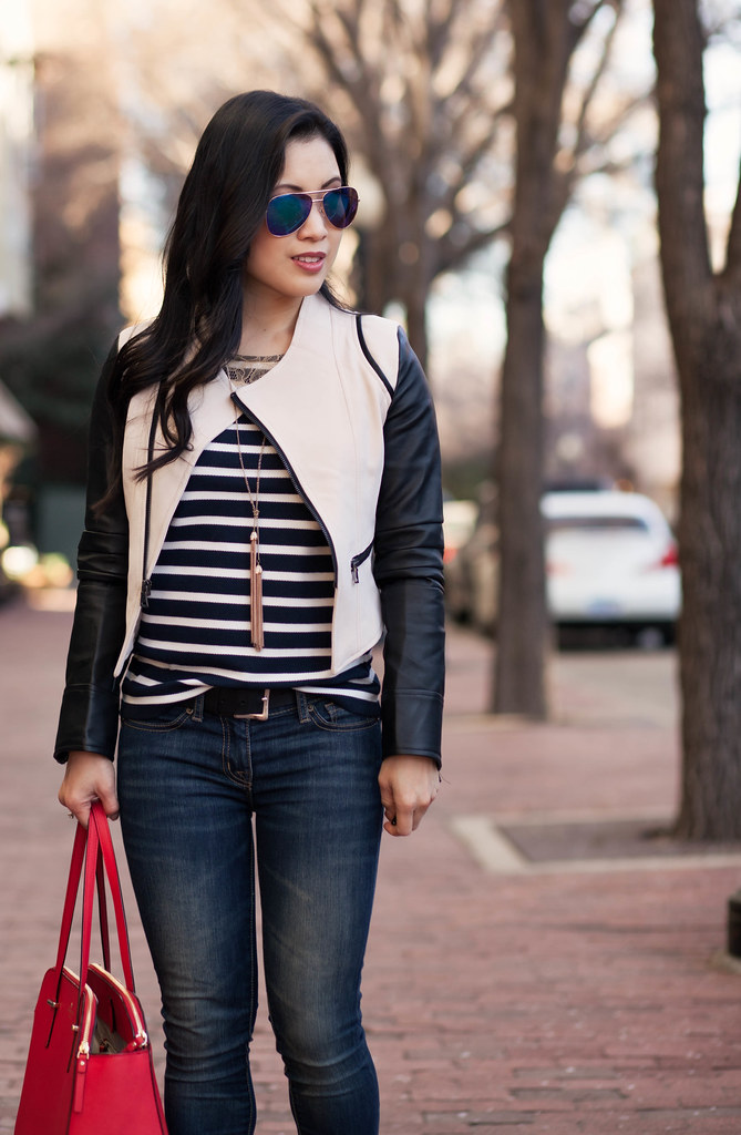 cute & little blog | sheinside contrast leather sleeve moto jacket, lace yoke striped shirt, skinny jeans, kate spade elissa red bag | spring edgy casual outfit
