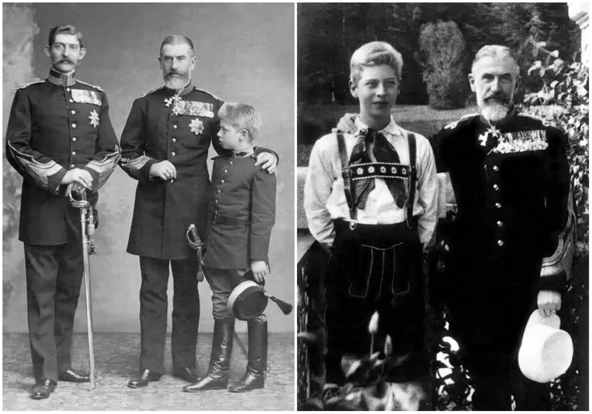 (Left) King Carol I of Romania with his nephew King Ferdinand and great nephew Carol II, 1905 (Right) King Carol I of Romania with his nephew and heir, Carol II, 1907