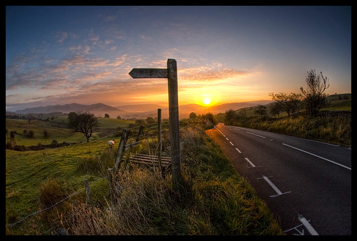 road morning sun rural sunrise geotagged countryside yorkshire hills fells signpost dales howgillfells a684 geo:lat=54324359 geo:lon=2609789