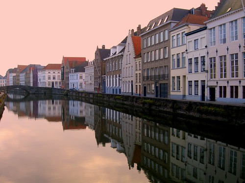 city morning pink reflection water sunrise buildings canal still europe view belgium brugge calm historic bruges brugges spinolarei mywinners favoritesonly