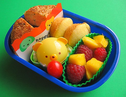 Salmon cake lunch for preschooler (with surprise animal cap)