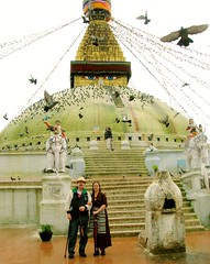 Friends at Wish Fulfilling Stupa, next to Sur offering furnance, Boudha, Kathmandu, Nepal