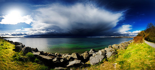 ocean seattle park city blue sky panorama storm beach nature water colors clouds canon washington saturated pacific northwest horizon dramatic vivid boulder boulders pacificnorthwest pugetsound viewpoint stitched 1740mm hdr discoverypark orton christarnawski