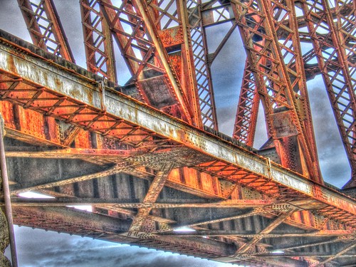 railroad trestle bridge red lines rust antique steel patterns redriver hdr downtownshreveporthistoricaldistrict
