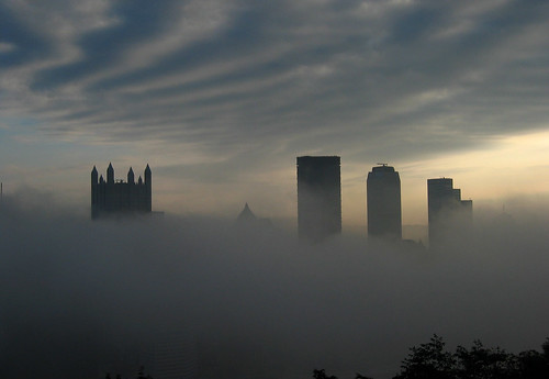 2004 fog clouds sunrise downtown pittsburgh oldphoto