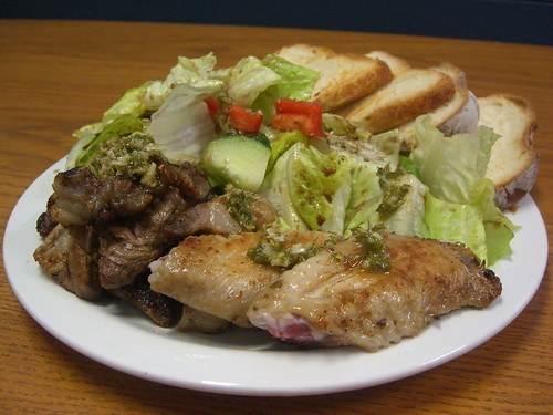 BBQ Leftover lamb and chicken wings, salad and toast