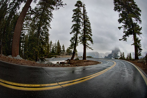 california road ca usa fog america turn forest nationalpark bend pavement gray fisheye yosemite halfdome redwoods curve glacierpoint nikond80 greggoodman powerfulskies