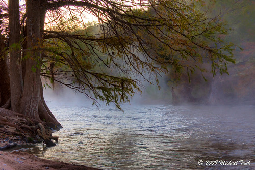 camping tree fog sunrise river texas hdr pedernales photomatix