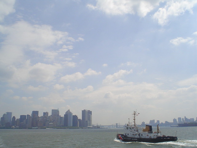 view of manhattan from liberty island in new york city usa
