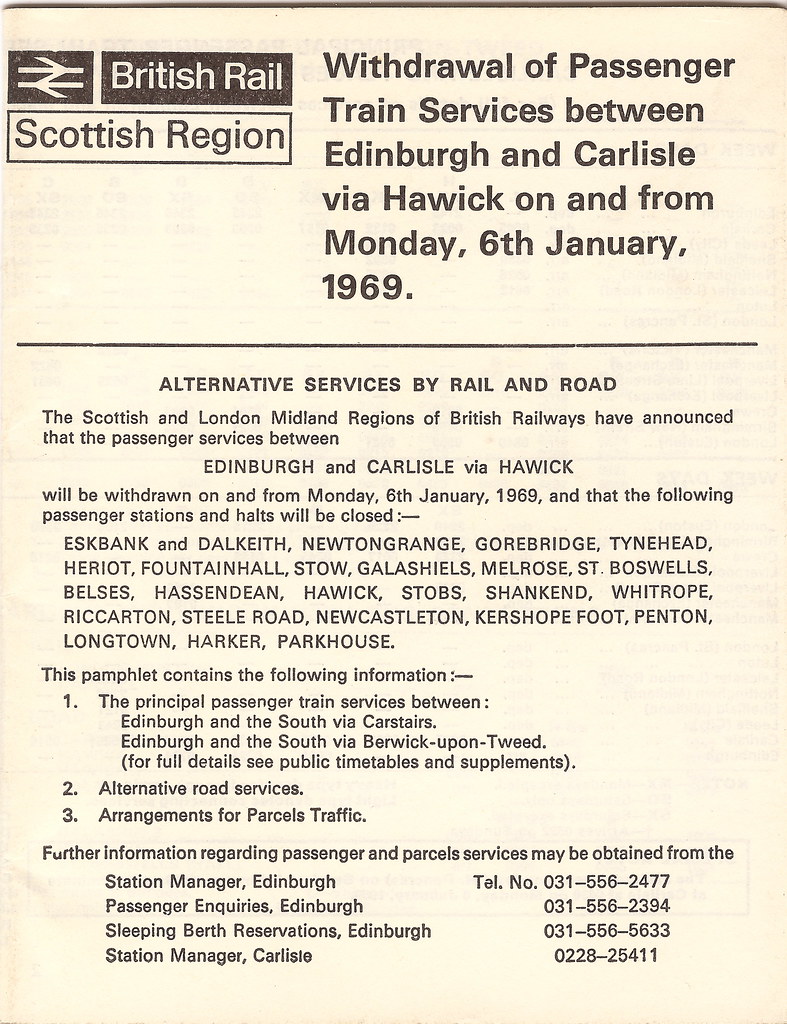 British Rail, Scottish Region - withdrawal of passenger train services between Edinburgh and Carlisle via Hawick - 6 January 1969 (the Waverley Route)
