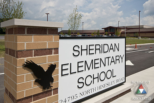 school sign architecture landscape outside exterior display indianapolis parking engineering associates indiana architectural architect signage schmidt architects sheridan sai entry elementary k12 engineers schmidtassociates
