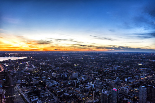 town city large huge toronto ontario canada sunset dawn panorama landscape view top cntower cn tower lake traffic buildings architecture north america northamerica sky blue clouds sun holiday travel traveling nikon