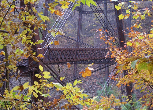 railroad bridge autumn newyork fall leaves support x structure cables letchworthstatepark centralnewyork newyorkstate 2009 castile 585 turnbuckles 14427 milesfromhome framedbynature