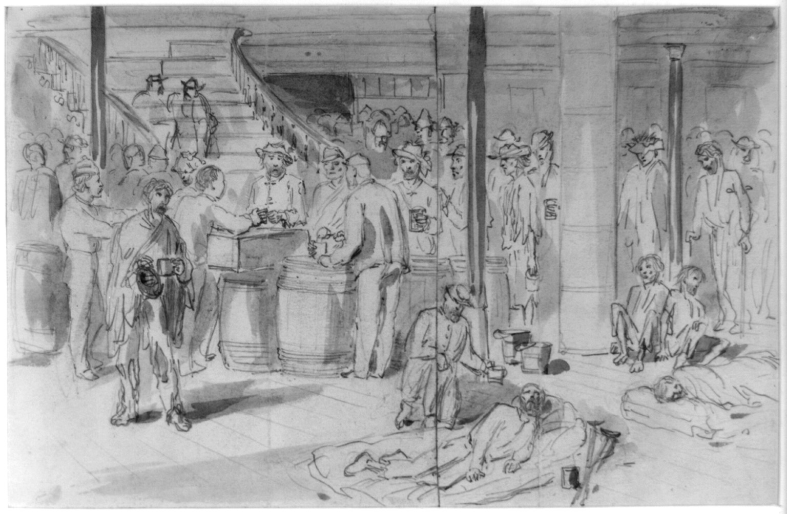 Serving out rations (coffee, bread & meat) to the exchanged prisoners on board the New York