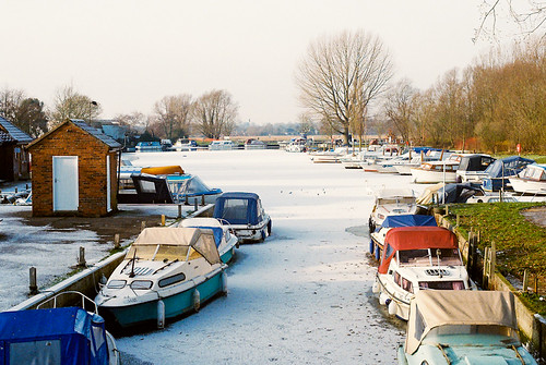christmas trees holiday cold color colour slr film ice water marina 35mm river boats frozen suffolk nikon view kodak over mooring sheet beccles 400iso nikonfe2 moored fe2