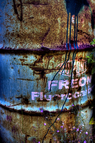 blue color abandoned junk rust can drip hdr freon flourocarbon