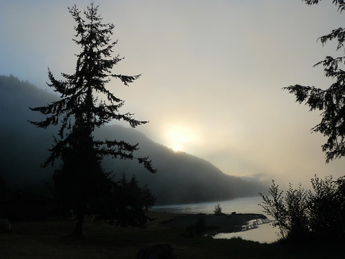morning summer lakecrescent lake fog sunrise fishing lakeside wa campground olympicnationalpark cabins logcabinresort splitfence