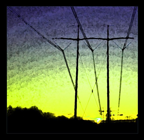 morning abstract yellow sunrise violet highcontrast powerlines processed