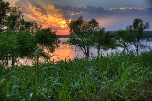 sunset sky lake oklahoma water clouds hdr