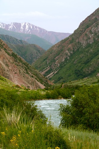 mountains grass river landscape hills kyrgyzstan