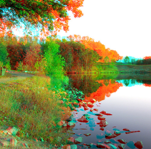 park lake reflection tree water rural creek stereoscopic stereophoto 3d rustic scenic anaglyph iowa siouxcity anaglyphs redcyan 3dimages 3dphoto 3dphotos 3dpictures stereopicture baconcreekpark