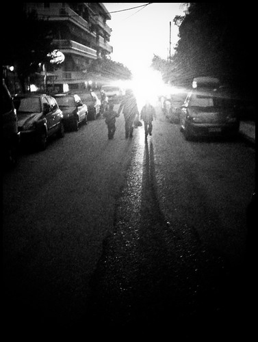 street trees light boy sunset shadow people bw woman sun white black cars girl buildings children mother greece thessaloniki bags 3gs iphone karamanis