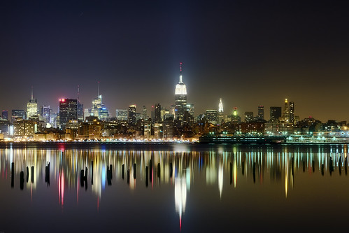 nyc newyorkcity newyork reflection skyline night skyscraper geotagged pier wooden cityscape esb bankofamerica hudsonriver empirestatebuilding chryslerbuilding piling hdr newyorktimes mudpig stevekelley 1penn