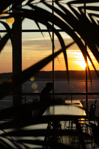 sunset airport candid laptop working arlanda