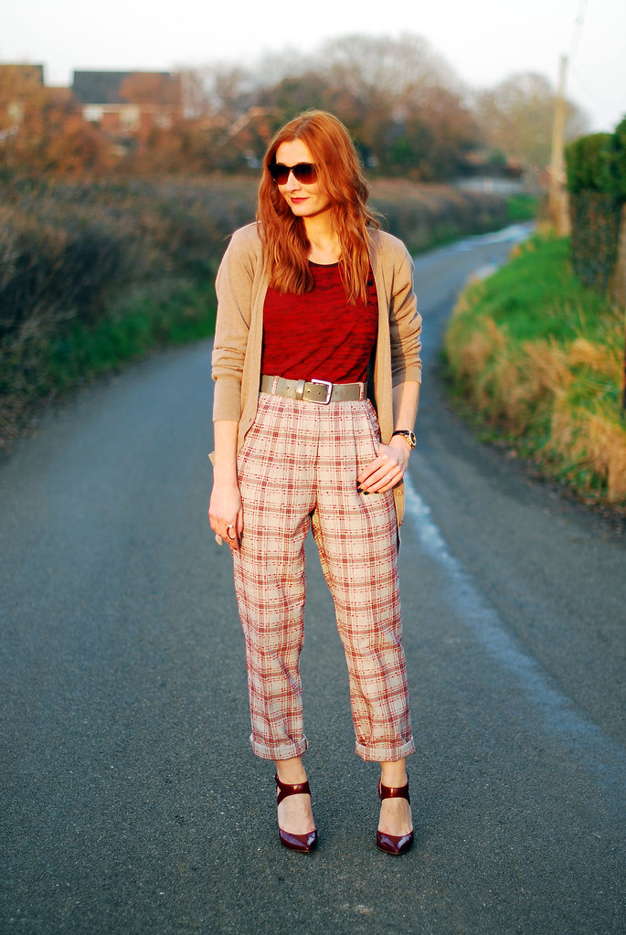Check trousers, red t-shirt & burgundy heels