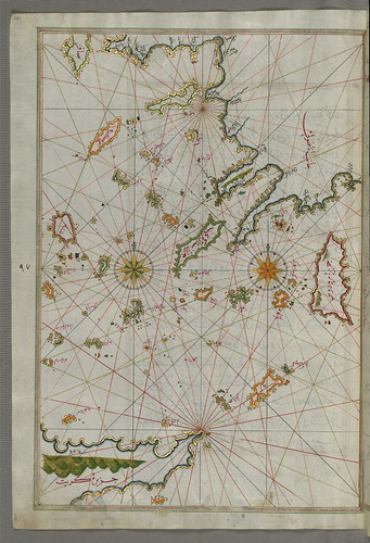 Illuminated Manuscript map of the islands of the Aegean Sea including Chios (Sakiz), Cos (Stancho, İstanköy), Rhodes (Rodos) and Crete, from Book on Navigation, Walters Art Museum Ms. W.658, fol.101a