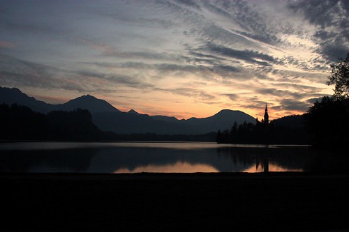 lake sunrise dawn slovenia bled