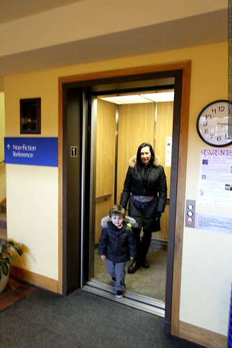 sequoia helped grandma neeta use the elevator in the library