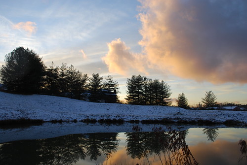 blue winter sunset white snow nature clouds reflections pond pines