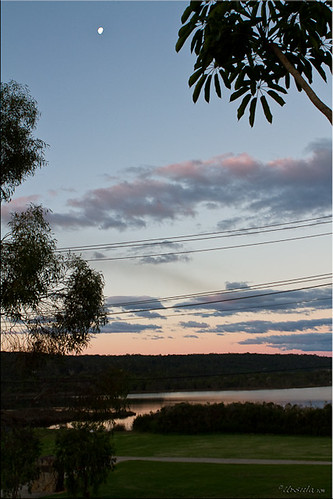 trees moon window water evening view australia estuary nsw eden begavalleyshire ursulasweeklywanders