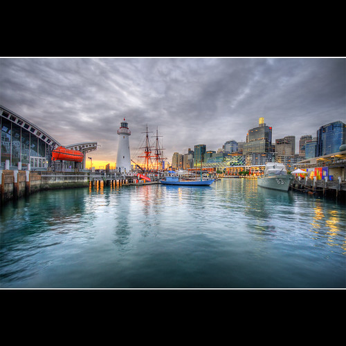 city sunset lighthouse water museum photoshop buildings bay ship cityscape cs2 harbour sydney australia wharf nsw newsouthwales darlingharbour darling hdr maritimemuseum photomatix sigma1020 3ex mywinners canon400d