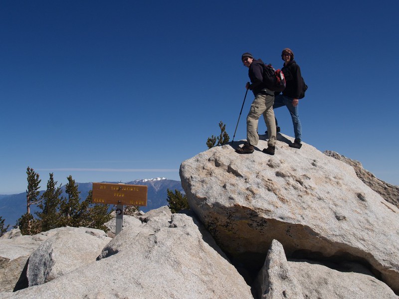 My brother and son on the summit of San Jacinto Peak. San Gorgonio Mountain is in the background.